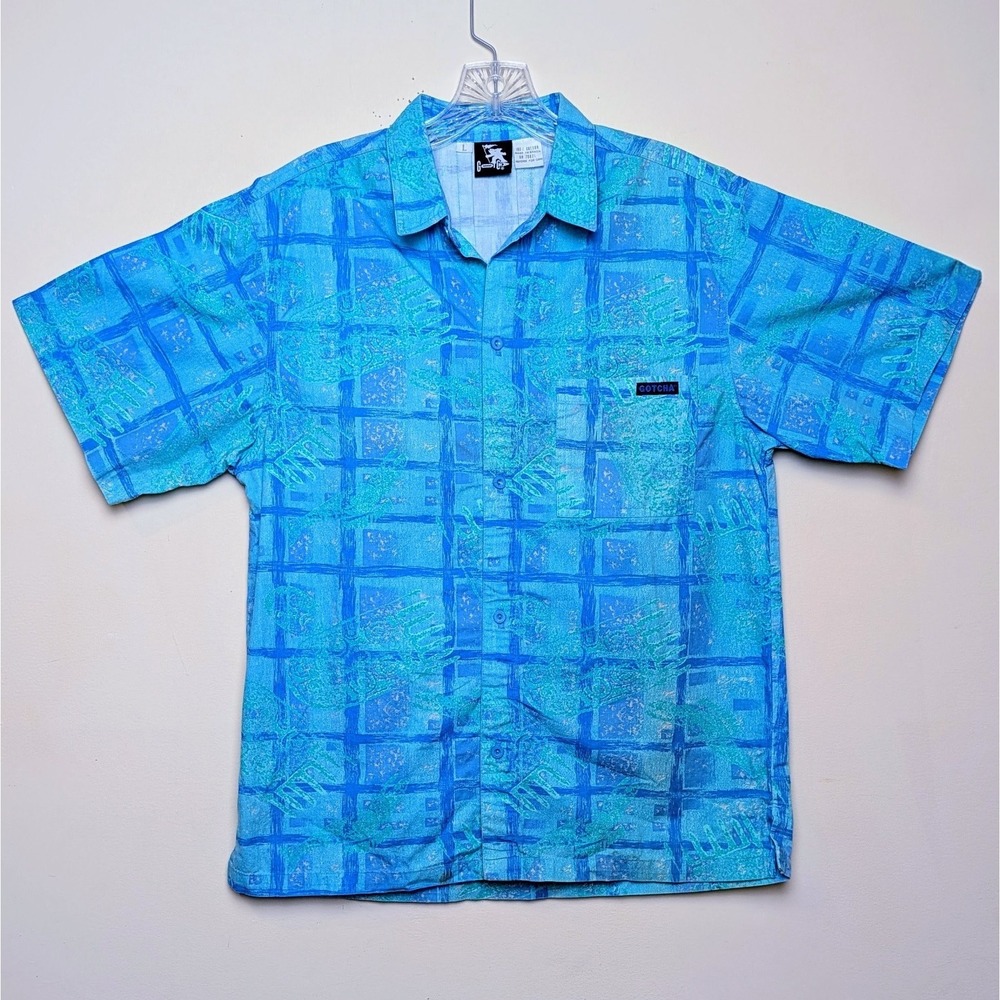 Vintage Gotcha 80s Tribal All Over Neon Skate Surf Camp Button Up Youth Large
